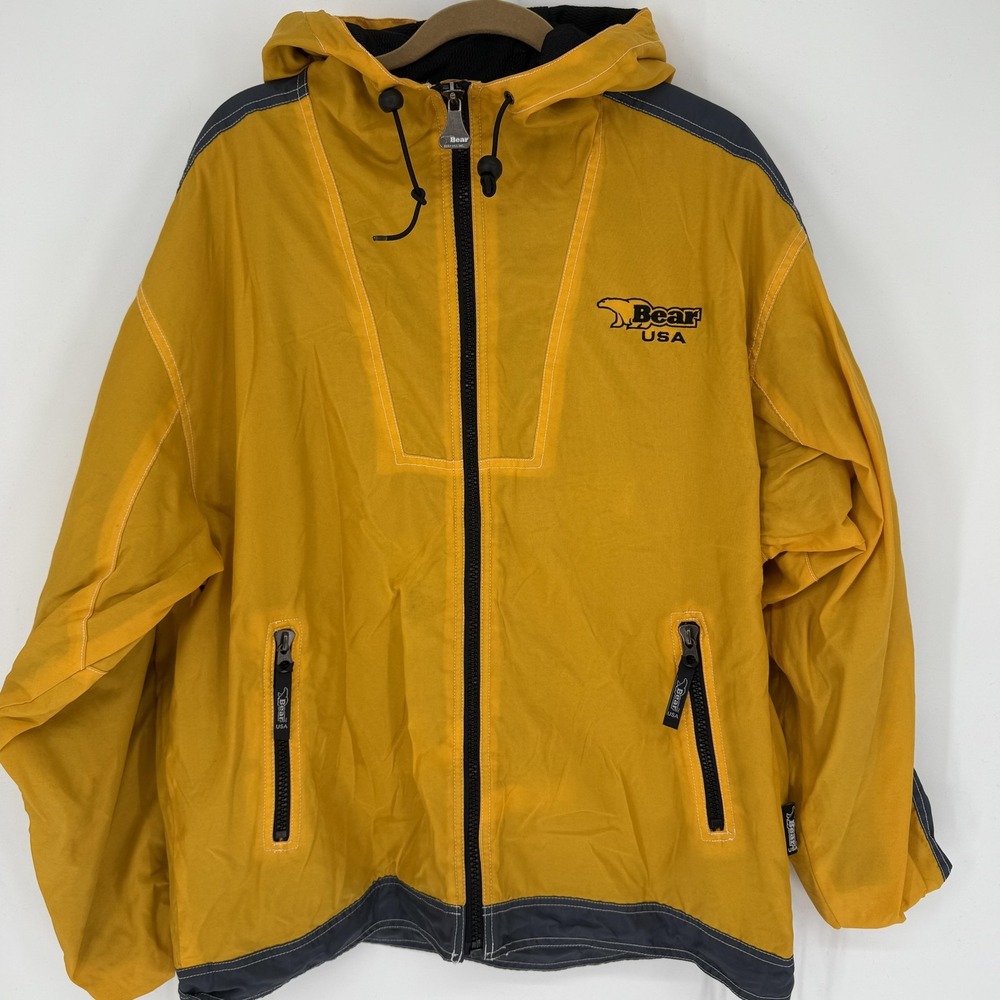 Vintage Bear USA Jacket Mens Small Yellow‎ Gray Hooded Full Zip Big Logo 90s